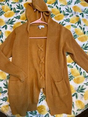 Stella Tweed Mustard Hooded Knit Cardigan